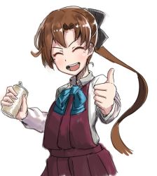 Rule 34 | 1girl, akigumo (kancolle), brown hair, can, commentary request, cowboy shot, dress, facing viewer, hahaha, hair ribbon, halterneck, kantai collection, long hair, long sleeves, looking at viewer, open mouth, pleated dress, ponytail, ribbon, school uniform, shirt, simple background, smile, solo, teeth, thumbs up, upper teeth only, white background, white shirt
