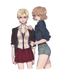 Rule 34 | 2girls, annie leonhart, bad id, bad pixiv id, black jacket, black shirt, blonde hair, blue eyes, blue jacket, breasts, brown hair, cleavage, collared shirt, contemporary, cropped jacket, height difference, highres, hitch dreyse, jacket, looking at viewer, multiple girls, necktie, open clothes, pi0w0pi, ponytail, shingeki no kyojin, shirt, short hair, short shorts, shorts, skirt, sleeves rolled up, unbuttoned, wavy hair, yellow eyes, yuri