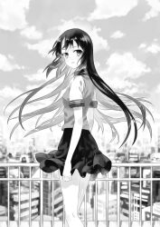 Rule 34 | 1girl, breasts, city, cityscape, cloud, day, floating hair, greyscale, long hair, looking at viewer, looking back, miniskirt, moekon, monochrome, original, outdoors, parted lips, railing, school uniform, shirt, short sleeves, skirt, sky, small breasts, solo, standing, very long hair, wind