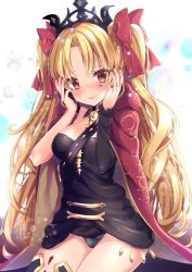 Rule 34 | 1girl, asymmetrical legwear, asymmetrical sleeves, blonde hair, blush, bow, breasts, cape, commentary request, cowboy shot, detached collar, diadem, earrings, embarrassed, ereshkigal (fate), fate/grand order, fate (series), gold trim, hair bow, hair ribbon, hands on own cheeks, hands on own face, highres, honoka chiffon, hood, hood down, hooded cape, jewelry, leotard, leotard under clothes, lips, long hair, looking at viewer, medium breasts, nail polish, necklace, parted bangs, red bow, red cape, red eyes, ribbon, simple background, single sleeve, single thighhigh, skull necklace, solo, spine, thighhighs, twintails, two side up, uneven legwear, uneven sleeves, very long hair, wavy hair, white background