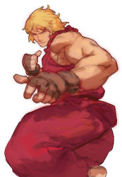 Rule 34 | 1boy, barefoot, blonde hair, clenched hand, dougi, fighting stance, fingerless gloves, fl (l-fl), gloves, ken masters, male focus, muscular, short hair, solo, street fighter, white background