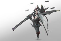 Rule 34 | 1girl, bare shoulders, blue hair, commentary, drone, elbow gloves, full body, gloves, gradient background, grey background, gun, head-mounted display, headgear, highres, leotard, light blue hair, long hair, magnetic weapon, mecha musume, mechanical legs, mechanical wings, oota youjo, original, plantar flexion, railgun, rifle, solo, sword, very long hair, weapon, white background, wings