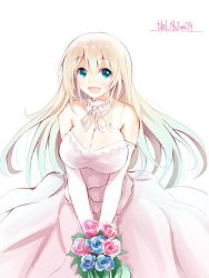 Rule 34 | 10s, 1girl, :d, aqua eyes, atago (kancolle), blonde hair, bouquet, breasts, cleavage, dated, dress, flower, gradient hair, highres, kantai collection, large breasts, long hair, looking at viewer, md5 mismatch, multicolored hair, open mouth, resized, resolution mismatch, simple background, smile, solo, source larger, standing, tebi (tbd11), wedding dress, white background