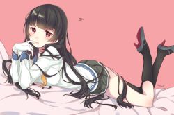 Rule 34 | 10s, 1girl, artist name, asymmetrical legwear, bad id, bad twitter id, black hair, black thighhighs, blush, breasts, gloves, hand to own mouth, high heels, isokaze (kancolle), kantai collection, long hair, looking at viewer, lying, nerunnn, on stomach, pink background, red eyes, school uniform, serafuku, signature, single sock, single thighhigh, skirt, socks, solo, squiggle, thighhighs, uneven legwear, white gloves
