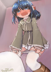 Rule 34 | 1girl, artist name, bathroom, blue eyes, blue hair, blush, boots, brown footwear, dated, dress, earmuffs, embarrassed, eyes visible through hair, female focus, from below, green dress, have to pee, highres, indoors, knee boots, leaning forward, long sleeves, looking down, matching hair/eyes, medium hair, nose blush, open mouth, original, panties, panty pull, peeing, peeing self, pulling own clothes, short dress, signature, skindentation, solo, squat toilet, standing, sweat, thighhighs, toilet use, ugogogesik, underwear, wet, wet clothes, wet panties, white thighhighs, wide-eyed, winter clothes