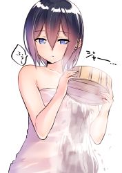Rule 34 | 1girl, bare arms, bare shoulders, blue eyes, hair between eyes, holding, looking down, naked towel, original, parted lips, purple hair, short hair, simple background, solo, suzunari shizuku, towel, upper body, water, wet towel, white background, yuki arare