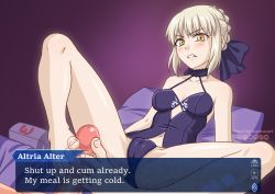 Rule 34 | &gt;:(, 1girl, angry, annoyed, artist name, artoria pendragon (all), artoria pendragon (fate), bare shoulders, barefoot, blonde hair, blush, burbur, cameltoe, censored, cleft of venus, collarbone, commentary, disgust, embarrassed, english commentary, english text, eye contact, facing viewer, fate/grand order, fate (series), feet, footjob, frown, gesugao, glaring, hair ornament, looking at another, looking at viewer, mixed-language commentary, mosaic censoring, open mouth, penis, saber (fate), saber alter, spread legs, toes, two-footed footjob, v-shaped eyebrows, visual novel, watermark, yellow eyes