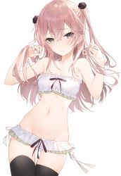 Rule 34 | 1girl, bare arms, bare shoulders, bikini, black thighhighs, closed mouth, cowboy shot, frilled bikini, frills, frown, groin, hair ornament, hands up, hayashi kewi, highres, holding, holding own hair, inui sajuna, long hair, looking at viewer, navel, pink eyes, pink hair, solo, sono bisque doll wa koi wo suru, stomach, strapless, strapless bikini, swimsuit, thigh gap, thighhighs, thighs, two side up, white bikini