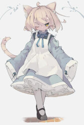 Rule 34 | 1girl, absurdres, animal ears, apron, black footwear, blue dress, blue ribbon, brown tail, cat ears, cat girl, cat tail, closed mouth, commentary, crossed ankles, dated commentary, dress, highres, light brown hair, long sleeves, mary janes, neck ribbon, nep (nep 76), one eye closed, original, pantyhose, ribbon, shoes, sleeves past wrists, solo, standing, tail, tiptoes, white apron, white pantyhose, wide sleeves, yellow eyes