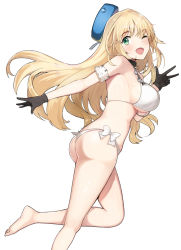 Rule 34 | 1girl, alternate costume, armband, ass, atago (kancolle), bare legs, bare shoulders, barefoot, beret, bikini, black gloves, blonde hair, blue hat, blush, bow, breasts, from side, gloves, green eyes, hareno chiame, hat, highres, kantai collection, large breasts, long hair, looking at viewer, one eye closed, open mouth, sideboob, simple background, smile, solo, string bikini, swimsuit, white background