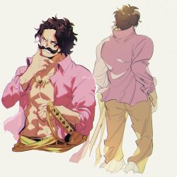 Rule 34 | 1boy, back, black hair, commentary request, facial hair, gol d. roger, hand on own chin, highres, jewelry, looking to the side, male focus, multiple views, mustache, necklace, one piece, open clothes, open shirt, ovasayuri, pants, pink shirt, sash, shirt, short hair, simple background, sword, weapon, yellow pants, yellow sash