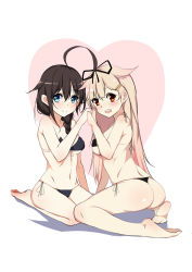 Rule 34 | 10s, 2girls, :d, ahoge, alternate costume, ass, bad hands, bare arms, bare legs, barefoot, bba1985, bikini, blonde hair, blue eyes, blush, braid, breasts, brown hair, covered erect nipples, gradient hair, hair flaps, hair ornament, hair ribbon, hairclip, highres, kantai collection, looking at viewer, multicolored hair, multiple girls, open mouth, red eyes, remodel (kantai collection), ribbon, shigure (kancolle), simple background, single braid, smile, swimsuit, underboob, yuudachi (kancolle)