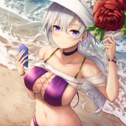 Rule 34 | 1girl, azur lane, bare shoulders, beach, bikini, breasts, buran (22x), cellphone, choker, cleavage, cross-laced bikini, cross-laced bikini top, cross-laced clothes, earrings, hair between eyes, hat, highres, holding, holding phone, jewelry, large breasts, large hat, long hair, looking at viewer, navel, outdoors, phone, ponytail, purple bikini, purple eyes, reno (azur lane), reno (summer spin-off) (azur lane), skindentation, smartphone, solo, sun hat, swimsuit
