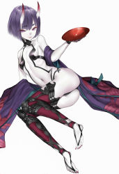 Rule 34 | 1girl, absurdres, alcohol, areola slip, ass, bare shoulders, breasts, covered erect nipples, cup, emokakimasu, eyeliner, fate/grand order, fate (series), highres, horns, japanese clothes, kimono, looking at viewer, makeup, nail polish, navel, oni, pale skin, petals, purple eyes, purple hair, purple legwear, red nails, revealing clothes, sakazuki, sake, shuten douji (fate), simple background, sitting, smile, solo, white background