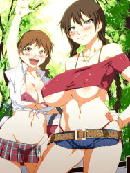 Rule 34 | 2girls, artist request, bikini, bikini top only, blush, braid, breasts, brown eyes, brown hair, cross, cross necklace, happy, highres, jewelry, large breasts, momoe maria, multiple girls, necklace, ookiku furikabutte, open clothes, open mouth, open shirt, shinooka chiyo, shirt, skirt, strapless, swimsuit, tube top, twintails, underboob