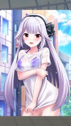 Rule 34 | 1girl, alternative girls, bikini, bikini under clothes, building, day, hand on own arm, highres, long hair, looking at viewer, official art, open mouth, outdoors, red eyes, road, shirt, solo, street, swimsuit, usui miyuki, wet, wet clothes, white hair, white shirt