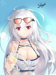 Rule 34 | 1girl, ahoge, arknights, bare shoulders, blue background, blue choker, breasts, character name, chinese commentary, choker, cleavage, collarbone, commentary request, cup, drinking glass, eyewear on head, hair between eyes, highres, holding, holding cup, large breasts, long hair, looking at viewer, no headwear, off-shoulder shirt, off shoulder, official alternate costume, qiyongpinfa starcloudwu, red eyes, shirt, silver hair, skadi (arknights), skadi (waverider) (arknights), solo, sunglasses, upper body, white shirt