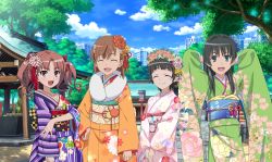 Rule 34 | 4girls, academy city, arms behind head, black hair, blue eyes, blue sky, blunt bangs, blush, bow, brown eyes, brown hair, closed eyes, cloud, collarbone, day, floral print, flower, fur-trimmed kimono, fur trim, game cg, green kimono, hair bow, hair flower, hair intakes, hair ornament, hand on own hip, hatsumoude, head wreath, japanese clothes, kanzashi, kimono, layered clothes, layered kimono, long hair, looking at viewer, misaka mikoto, multiple girls, new year, obi, obijime, off shoulder, official art, open mouth, orange kimono, outdoors, parted bangs, pink kimono, print kimono, purple kimono, red bow, sash, saten ruiko, shirai kuroko, short hair, shrine, sky, smile, striped clothes, striped kimono, toaru kagaku no railgun, toaru majutsu no index, toaru majutsu no index: imaginary fest, tree, twintails, uiharu kazari, v arms, wavy hair, wide sleeves