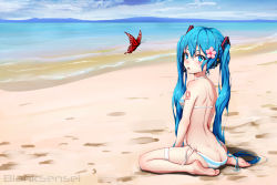 Rule 34 | 1girl, ass, beach, bikini, blue eyes, blue hair, breasts, bug, butt crack, butterfly, dimples of venus, feet, hatsune miku, highres, insect, long hair, ocean, solo, swimsuit, twintails