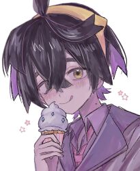 Rule 34 | 1boy, :q, ahoge, black hair, closed mouth, colored inner hair, creatures (company), crossed bangs, food, formal, game freak, gayu 501 (usami 501), gradient hair, hair between eyes, hairband, heart, heart in eye, highres, holding, holding ice cream cone, ice cream, ice cream cone, kieran (pokemon), looking at viewer, male focus, mole, mole on neck, multicolored hair, nintendo, pokemon, pokemon sv, purple hair, short hair, simple background, smile, solo, star (symbol), suit, symbol in eye, tongue, tongue out, two-tone hair, upper body, white background, yellow eyes, yellow hairband