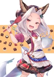 Rule 34 | 1girl, :d, animal ears, apron, armpits, bare shoulders, black skirt, blush, bowl, brown background, candy, chocolate, chocolate heart, clothing cutout, ears through headwear, food, granblue fantasy, hair ornament, head scarf, heart, highres, holding, holding bowl, long hair, looking at viewer, mixing bowl, open mouth, p answer, parted bangs, pleated skirt, puffy short sleeves, puffy sleeves, purple shirt, purple sleeves, red eyes, scathacha (granblue fantasy), shirt, short sleeves, side cutout, silver hair, skirt, sleeveless, sleeveless shirt, smile, solo, spatula, two-tone background, white apron, white background
