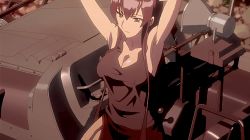 Rule 34 | 1girl, alternate hairstyle, animated, animated gif, armpits, arms behind head, arms up, black hair, breasts, busujima saeko, cleavage, highschool of the dead, large breasts, long hair, lowres, ponytail, solo, tank top