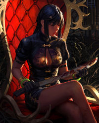 Rule 34 | 1girl, black dress, black gloves, black hair, blood, bloody weapon, breasts, china dress, chinese clothes, cleavage, cleavage cutout, closed eyes, closed mouth, clothing cutout, commentary, crossed legs, dress, earrings, feet out of frame, fingerless gloves, gloves, guweiz, hair ornament, highres, holding, holding weapon, hoop earrings, jewelry, long hair, machete, medium breasts, on chair, original, puffy short sleeves, puffy sleeves, short sleeves, sitting, solo, symbol-only commentary, weapon