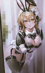 Rule 34 | 1girl, absurdres, alternate costume, animal ears, blonde hair, blurry, blush, bow, bowtie, breast hold, breasts, censored, cleavage, clothing cutout, cowboy shot, crotch zipper, depth of field, elbow gloves, fake animal ears, flower, garter straps, genshin impact, gloves, gluteal fold, groin, hair between eyes, hair flower, hair ornament, hairband, heart, heart stickers, highres, indol, large breasts, leaning forward, leotard, looking at viewer, lumine (genshin impact), medium hair, mosaic censoring, navel, navel cutout, open mouth, puffy short sleeves, puffy sleeves, rabbit ears, rabbit tail, short sleeves, solo, standing, tail, thighhighs, thighs, white gloves, wrist cuffs, yellow eyes, zipper