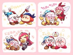 Rule 34 | 2boys, 2girls, bandana, bandana waddle dee, blue bandana, blue eyes, blush, blush stickers, bow, bowtie, brown eyes, cake, claws, closed eyes, commentary, drooling, fairy, fairy wings, fang, food, hair ribbon, hallons kabo, hand on own face, hat, heart, holding, holding polearm, holding spear, holding weapon, jester cap, kirby, kirby: planet robobot, kirby (series), laughing, long hair, marx (kirby), multiple boys, multiple girls, multiple views, nintendo, no arms, no mouth, open mouth, pink hair, polearm, purple eyes, rayman limbs, red bow, red neckwear, red ribbon, ribbon, ribbon (kirby), romaji text, short hair, smile, spear, speech bubble, susie (kirby), very long hair, weapon, wings, yellow wings