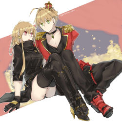 Rule 34 | 10s, 1boy, 1girl, 88 (einnimnech), arm support, black footwear, black gloves, black panties, black pants, black thighhighs, blonde hair, boots, collar, crown, dutch angle, earrings, eye contact, fate/extra, fate (series), full body, gem, genderswap, genderswap (ftm), genderswap (mtf), gilgamesh-ko, gilgamesh (fate), gilgamesh (gilgamesh in ny) (fate), gloves, green eyes, high heel boots, high heels, highres, jewelry, long hair, looking at another, mini crown, nero claudius (fate), nero claudius (fate) (all), nero claudius (fate/extra), nero claudius (return match) (fate), official alternate costume, open mouth, panties, pants, recursive genderswap, red eyes, red footwear, sitting, thigh boots, thighhighs, underwear