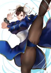 Rule 34 | 1girl, absurdres, bad id, bad pixiv id, bracelet, breasts, brown hair, bun cover, capcom, china dress, chinese clothes, chun-li, closed mouth, commentary request, double bun, dress, earrings, fingernails, gold trim, hair bun, hair ornament, highres, jewelry, kicking, leg up, leotard, leotard under clothes, lips, looking at viewer, medium breasts, pantyhose, pelvic curtain, puffy short sleeves, puffy sleeves, short sleeves, simple background, solo, spiked bracelet, spikes, street fighter, street fighter ii (series), yukimura821