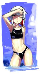 Rule 34 | 1girl, bad id, bad pixiv id, bikini, black bikini, blue sky, cloud, day, in water, navel, one eye closed, original, outdoors, parted lips, purple eyes, shiny clothes, short hair, sky, solo, suisogenshi, swimsuit, wading, water, wet, white hair