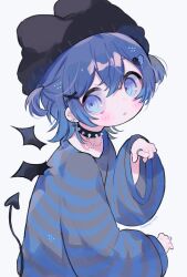 Rule 34 | 1girl, animal ear headwear, beanie, blue eyes, blue hair, bracelet, cotono (nazekun), demon, demon girl, demon tail, demon wings, fake animal ears, hair between eyes, hair ornament, hat, heart, heart hair ornament, highres, jewelry, loose clothes, loose shirt, original, oversized clothes, parted lips, pointing, ring, shirt, solo, spiked bracelet, spiked ear piercing, spikes, striped clothes, striped shirt, tail, two side up, wings, x hair ornament
