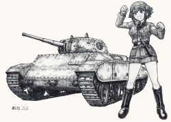 Rule 34 | 1girl, anzio (emblem), anzio military uniform, belt, boots, braid, carro armato m16/43, clenched hands, commentary, dress shirt, emblem, girls und panzer, greyscale, grin, highres, jacket, knife, long sleeves, looking to the side, military, military uniform, military vehicle, miniskirt, monochrome, motor vehicle, nspa (spa-jcs), pepperoni (girls und panzer), shirt, short hair, side braid, skirt, smile, solo, standing, tank, traditional media, twitter username, uniform, wing collar
