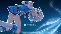 Rule 34 | 1girl, abstract background, blue eyes, blue hair, blue skirt, boots, braid, hair ornament, happy, high boots, highres, logo, long sleeves, madobe tooko, microsoft, microsoft windows, miniskirt, mizuiro paprika, necktie, os-tan, personification, skirt, sleeve cuffs, smile, solo, wallpaper, white footwear, windows 10