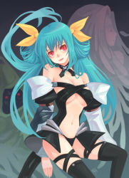 Rule 34 | 1girl, arc system works, arm grab, asymmetrical wings, bf. (sogogiching), blue hair, bow, breasts, choker, dizzy (guilty gear), guilty gear, hair bow, large breasts, long hair, long sleeves, necro (guilty gear), red eyes, solo, tail, thighhighs, underboob, undine (guilty gear), wings