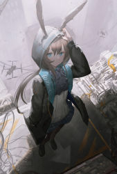 Rule 34 | 1girl, absurdres, amiya (arknights), anhao1224, animal ears, arknights, arm up, ascot, black coat, black footwear, black pantyhose, blue eyes, blue skirt, briefcase, bright pupils, brown hair, closed mouth, clothes writing, coat, day, drone, from above, full body, highres, holding, hood, hood up, hooded coat, long hair, long sleeves, looking at viewer, looking up, low ponytail, miniskirt, outdoors, pantyhose, purple ascot, rabbit ears, shirt, skirt, solo, standing, sunlight, v-shaped eyebrows, very long hair, white shirt