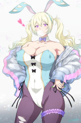 Rule 34 | 1girl, animal ears, bare shoulders, blonde hair, blue hair, bow, bowtie, breasts, character request, chewing gum, cleavage, collarbone, commentary request, copyright name, covered erect nipples, covered navel, cowboy shot, detached collar, fake animal ears, frills, gradient hair, green nails, gyaru, highleg, highleg leotard, highres, jacket, joy ride, large breasts, leotard, light blush, long hair, looking at viewer, multicolored hair, nail polish, open clothes, open jacket, pantyhose, playboy bunny, purple eyes, rabbit ears, solo, standing, thigh strap, torn clothes, torn pantyhose, twintails
