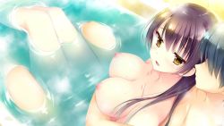 Rule 34 | 1boy, 1girl, bathroom, bathtub, black hair, breasts, brown hair, collarbone, from above, large breasts, legs together, long hair, looking back, mixed-sex bathing, nipples, nude, open mouth, shared bathing, short hair, solo focus, yellow eyes