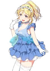 Rule 34 | 1girl, ayase eli, beads, blonde hair, blue choker, blue dress, blue eyes, blush, breasts, choker, commentary request, dress, flower, frilled choker, frilled dress, frilled thighhighs, frills, gloves, hair beads, hair flower, hair ornament, hand up, highres, looking at viewer, love live!, love live! school idol festival, love live! school idol project, open mouth, ponytail, simple background, skull573, sleeveless, smile, solo, thighhighs, white background, white gloves, white thighhighs