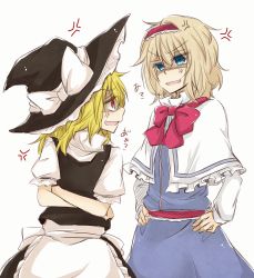Rule 34 | 2girls, alice margatroid, anger vein, apron, black dress, blonde hair, blue dress, blue eyes, capelet, crossed arms, dress, hairband, hands on own hips, hat, kirisame marisa, multiple girls, shaded face, touhou, waist apron, witch hat, yellow eyes, yuuta (monochrome)