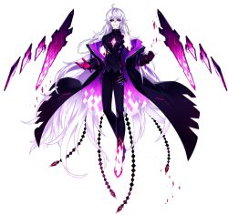 Rule 34 | 1boy, add (elsword), argyle, artist request, black bodysuit, black coat, black sclera, bodysuit, clenched hand, coat, colored sclera, elsword, evil smile, full body, gloves, long hair, looking at viewer, mad paradox (elsword), male focus, official art, purple eyes, purple gloves, smile, solo, transparent background, very long hair, white hair