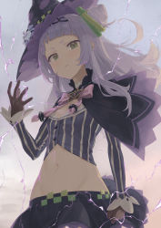 Rule 34 | 1girl, black capelet, black headwear, black skirt, blunt bangs, bow, bowtie, breasts, capelet, clenched hand, cone hair bun, cropped shirt, green eyes, grey shirt, groin, hair bun, hair ornament, hairband, hand up, hat, highres, hololive, layered capelet, long hair, long sleeves, looking at viewer, lowleg, lowleg skirt, magic, makimaki makky7, microskirt, midriff, murasaki shion, murasaki shion (1st costume), navel, pink bow, pink bowtie, purple capelet, shirt, side bun, silver hair, single side bun, skirt, small breasts, solo, stomach, striped clothes, striped shirt, tilted headwear, vertical-striped clothes, vertical-striped shirt, virtual youtuber, witch hat
