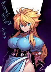 Rule 34 | 1girl, angel wings, blonde hair, breasts, breath of fire, breath of fire ii, closed mouth, dress, feathered wings, green eyes, highres, large breasts, long hair, looking at viewer, nina (breath of fire ii), purple wings, side slit, simple background, solo, tukiwani, white background, wings