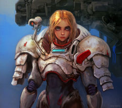 Rule 34 | 1girl, armor, blonde hair, blue eyes, cable, cyberpunk, damaged, dirty, dragon&#039;s heaven, ikuuru, kory cromie, lips, long hair, looking at viewer, machinery, mecha, power armor, realistic, robot, science fiction, signature, soldier, upper body