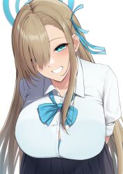 Rule 34 | 1girl, asuna (blue archive), black skirt, blue archive, blue eyes, blue ribbon, blush, breasts, collared shirt, dress shirt, fuurin restia, grin, hair over one eye, hair ribbon, halo, highres, large breasts, leaning forward, light brown hair, long hair, looking at viewer, pleated skirt, ribbon, shirt, skirt, sleeves rolled up, smile, solo, white shirt