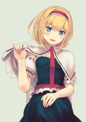 Rule 34 | 1girl, alice margatroid, blonde hair, blue dress, blue eyes, capelet, chair, culter, dress, fingernails, hairband, hand up, head tilt, holding, necktie, parted lips, red hairband, red necktie, simple background, smile, solo, touhou