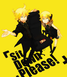 Rule 34 | 1boy, 1girl, aqua eyes, bare shoulders, black dress, black socks, blonde hair, brother and sister, chair, controller, dress, famicom, from above, fur collar, game console, game controller, glider (artist), guraida, hair ornament, hairclip, headphones, jacket, kagamine len, kagamine rin, kneehighs, looking up, necktie, nes, nintendo, remote control, remote control (vocaloid), short hair, siblings, smile, socks, tongue, twins, video game, vocaloid
