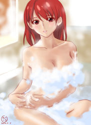 Rule 34 | 00s, 1girl, bad id, bad pixiv id, bath, bathing, bathtub, blush, breasts, bubble bath, cecily cambell, censored, convenient censoring, dated, female focus, foam, grin, hair between eyes, highres, indoors, leaning, long hair, looking at viewer, misu kasumi, nude, own hands together, partially submerged, red eyes, red hair, seiken no blacksmith, short hair, signature, sitting, smile, soap bubbles, solo, steam
