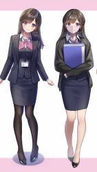 Rule 34 | amagi shino, arms at sides, artist name, bare legs, black hair, blazer, book, breasts, closed mouth, coat, collared shirt, contrapposto, full body, head tilt, high heels, highres, holding, holding book, id card, jacket, lanyard, light blush, long hair, long sleeves, looking at viewer, mask, medium breasts, mouth mask, multiple views, neckerchief, office lady, original, pantyhose, pencil skirt, purple eyes, receptionist girl (amagi shino), shirt, signature, skirt, sleeves past wrists, straight-on, swept bangs, wing collar